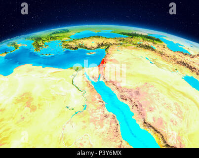 Satellite view of Israel highlighted in red on planet Earth. 3D illustration. Elements of this image furnished by NASA. Stock Photo