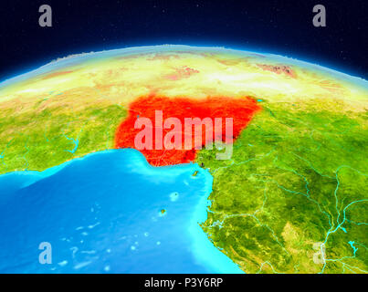 Satellite view of Nigeria highlighted in red on planet Earth. 3D illustration. Elements of this image furnished by NASA. Stock Photo