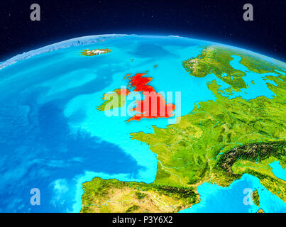 Satellite view of United Kingdom highlighted in red on planet Earth ...