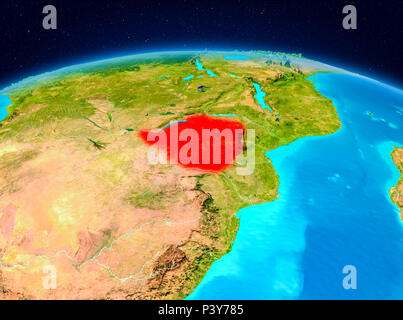 Satellite view of Zimbabwe highlighted in red on planet Earth. 3D illustration. Elements of this image furnished by NASA. Stock Photo