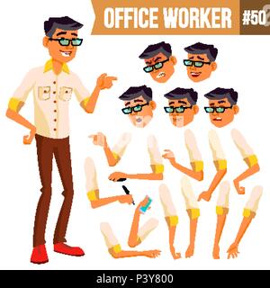 Office Worker Vector. Korean, Thai, Vietnamese. Face Emotions, Various Gestures. Animation. Businessman Human. Modern Cabinet Employee, Workman, Laborer. Isolated Flat Cartoon Character Illustration Stock Vector