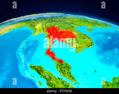 Satellite view of Thailand highlighted in red on planet Earth. 3D illustration. Elements of this image furnished by NASA. Stock Photo