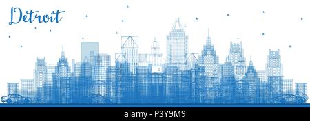 Outline Detroit Michigan Skyline with Blue Buildings. Vector Illustration. Business Travel and Tourism Concept with Modern Architecture. Stock Vector