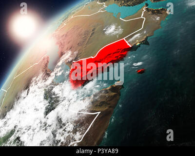 Yemen during sunset highlighted in red on planet Earth with clouds. 3D ...