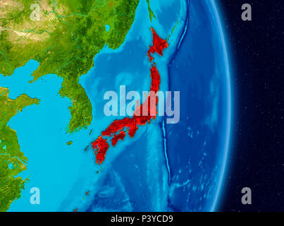 Japan in red on planet Earth as seen from space on full sphere. 3D