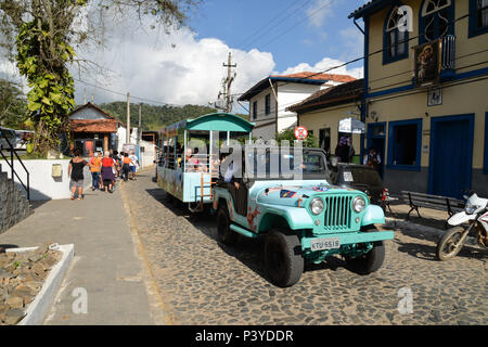 Conservatória é a cidade da serenata, a 142 km do Rio de Janeiro, com 4.000 habitantes e fica no vale do café. Trem puxado por Jipe serve para levar os turistas pelas ruas da cidade. Stock Photo