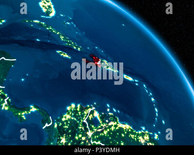 Satellite view of Haiti highlighted in red on planet Earth with clouds ...