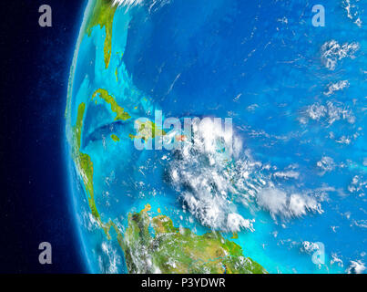 Map of Puerto Rico as seen from space on planet Earth with clouds and atmosphere. 3D illustration. Elements of this image furnished by NASA. Stock Photo