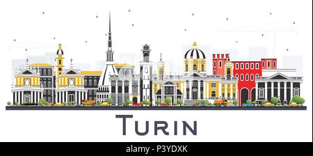 Turin Italy City Skyline with Color Buildings Isolated on White. Vector Illustration. Business Travel and Tourism Concept with Modern Architecture. Stock Vector