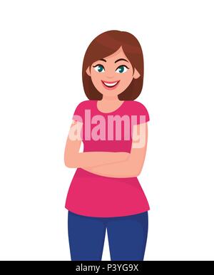 Confident and beautiful young woman in smart casual wear keeping arms crossed and smiling. Portrait of a young smiling woman. Woman folded hands. Stock Vector