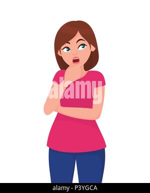 Cute young woman is thinking about something.Pretty girl thinking woman looking away. Vector illustration in cartoon style. Stock Vector