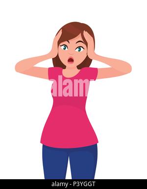 Young woman scared face expression, Young  woman expression with her hands on the head. Cartoon style illustration. Stock Vector