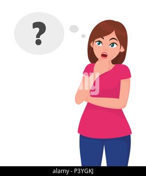 Cute young woman is thinking about something.Pretty girl thinking woman looking away. Vector illustration in cartoon style. Stock Vector