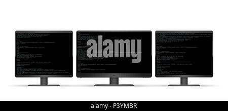 Three black computer monitors with code on white background. Triple monitor computer super wide screen device. PC desktop programming template Stock Vector