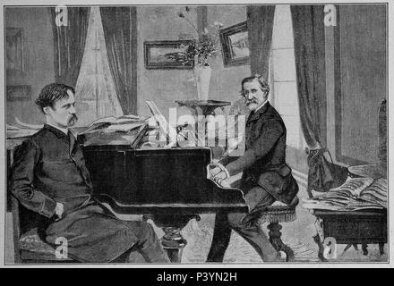 VERDI TOCANDO EL PIANO JUNTO AL LIBRETISTA ARRIGO BOITO - GACETA ILUSTRADA ALEMANA - SEPTIEMBRE DE 1913. Stock Photo