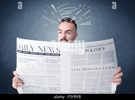 Confused businessman holding newspaper concept Stock Photo