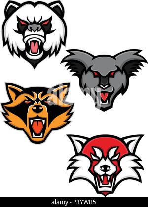Mascot icon illustration set of heads of angry giant panda or panda bear, koala, racoon or raccoon and the red panda or red bear-cat  viewed from fron Stock Vector