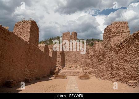 Old Spanish mission church ruins at Jemez State Monument on the Jemez Mountain Trail National Scenic Byway in New Mexico Stock Photo