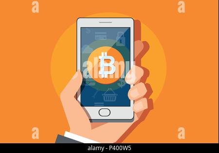 Business man hand holding smartphone with bitcoin icon on screen. Stock Vector