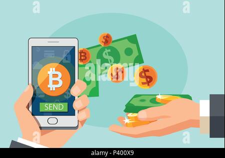 Flat modern design concept of cryptocurrency technology, bitcoin exchange, mobile banking. Hand holding smartphone with bitcoin and dollars coming out Stock Vector