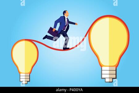 Businessman running from a small light bulb idea to a big one on a blue sky background Stock Vector