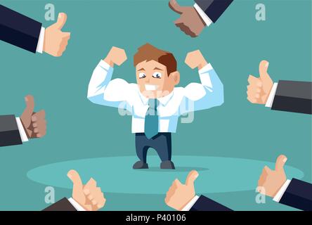 Popular businessman flexing his muscles with many people showing thumbs up Stock Vector