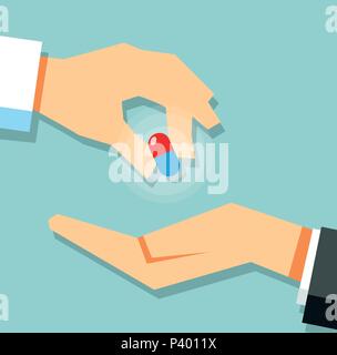 Taking the pills. Doctor hand holding capsule. Medical treatment concept. Stock Vector