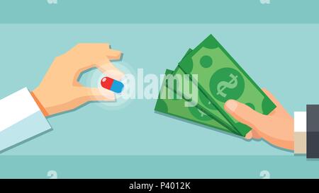 Buying medical pills drugs concept. Pharmacy store. Flat style vector icon Stock Vector