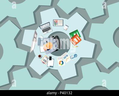 Business process or management concept design. Technology businessman with gadgets sitting at desk shaped as cogwheel brainstorming a project Stock Vector