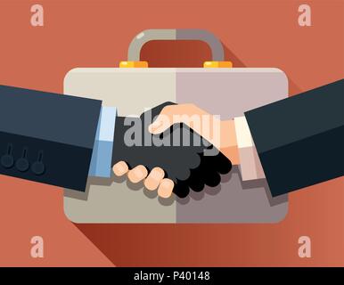 Handshake of corrupt business men on a briefcase background. Flat design modern vector illustration concept. Stock Vector