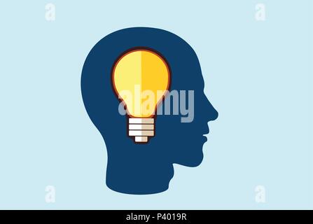 Mind creativity concept. Man head with light bulb inside Stock Vector