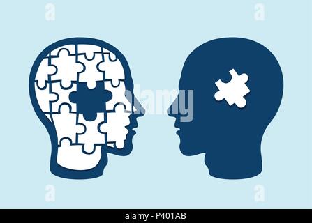 Puzzle head brain. Two face profiles against each other with one missing jigsaw piece cut out Stock Vector