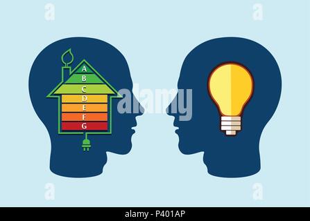 Energy efficient house concept with classification graph and idea light bulb inside two men heads Stock Vector