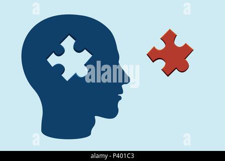 Puzzle head brain concept with a jigsaw piece cut out on blue gray background Stock Vector