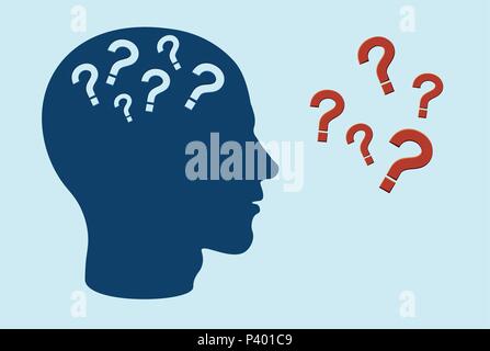 Cognitive function impairment concept. Side profile of human head with question marks Stock Vector