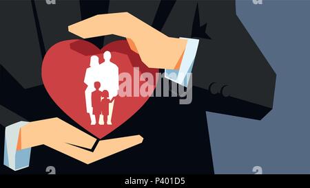 Family health and life insurance concept. Two hands holding protecting the heart with family inside. Stock Vector