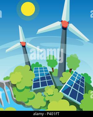 Green energy. Solar panels, wind generators and hydroelectric station. Eco friendly technology concept Stock Vector