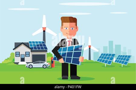 Business man employee of solar power plant and wind farm on background of clean energy powered household. Vector flat design illustration Stock Vector