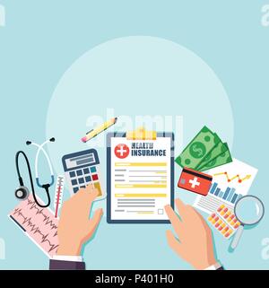Top view of doctor or hospital business manager workplace. Medical stethoscope, pills, clipboard with patient card insurance contract, money. Vector i Stock Vector