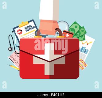 Healthcare insurance concept. First aid kit in doctor hand. Vector illustration in flat design. Medical help. Emergency services Stock Vector
