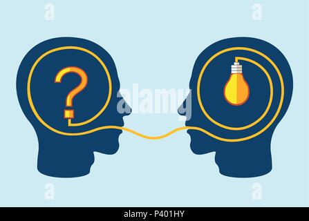Thinking and problem solving concept with two heads one with question mark another with light bulb Stock Vector