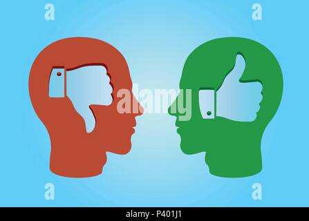 Side profile two men with thumbs up and thumbs down hand symbols inside head isolated on blue background Stock Vector