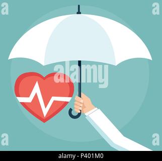 Health insurance concept. Doctor holding an umbrella, protecting the heart. Stock Vector