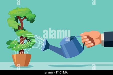 Business man watering money tree. Investing in business project concept. Vector flat design illustration. Stock Vector