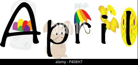 April spelled and illustrated with icons of Easter egg basket, bunny, umbrella with rain showers, daffodil and dyed egg. Stock Vector