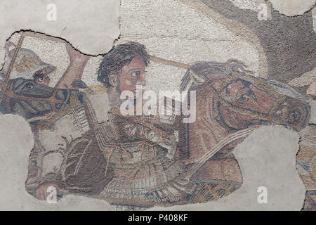 Alexander the Great depicted in the Alexander Mosaic in the House of the Faun (Casa del Fauno) in the archaeological site of Pompeii (Pompei) near Naples, Campania, Italy. The original mosaic is now housed in the National Archaeological Museum (Museo Archeologico Nazionale di Napoli) in Naples. The copy is installed on the place where the original was unearthed. Stock Photo