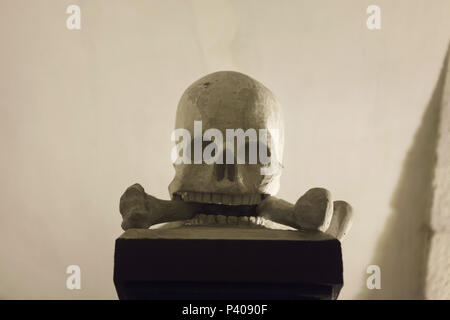 Skull and bones depicted at the cemetery of the Franciscan monks in the underground crypt of the Dispatch House of the Order (Casa de Despachos) of the Franciscan Monastery (Convento Franciscano) in Porto, Portugal. Stock Photo