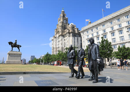 The new Beatles Statue on the renovated Pier Head on the Waterfront in Liverpool, on Merseyside, NW England, UK Stock Photo