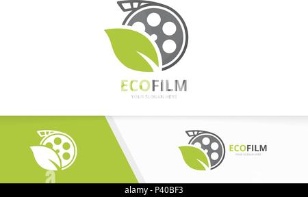 Vector movie and leaf logo combination. Cinema and eco symbol or icon. Unique film and organic logotype design template. Stock Vector