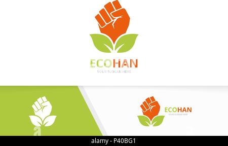 Vector fist and leaf logo combination. Hand and eco symbol or icon. Unique protest and organic logotype design template. Stock Vector